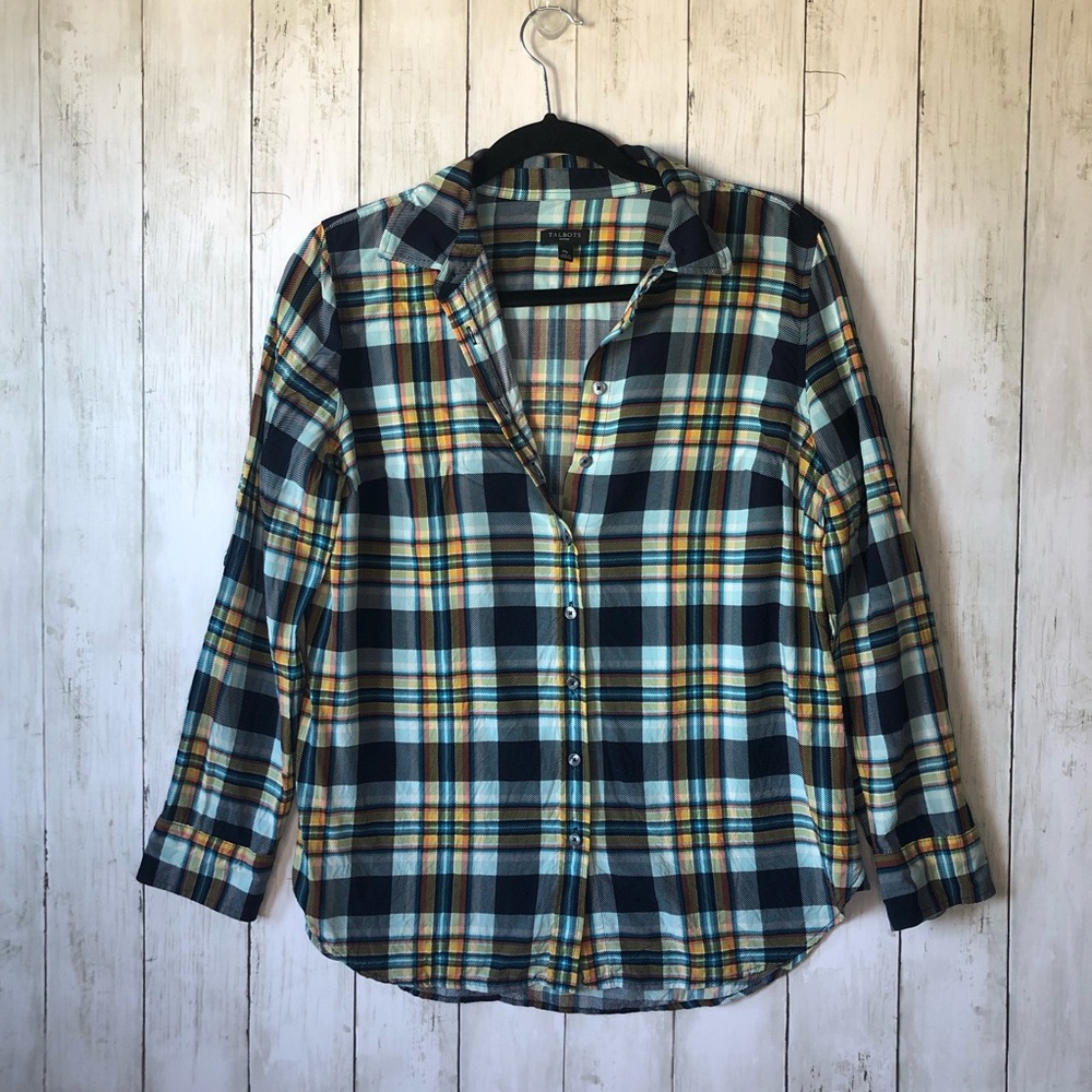 Talbots Plaid Button Up Long Sleeve Shirt Blouse Medium Petite Blue Lightweight